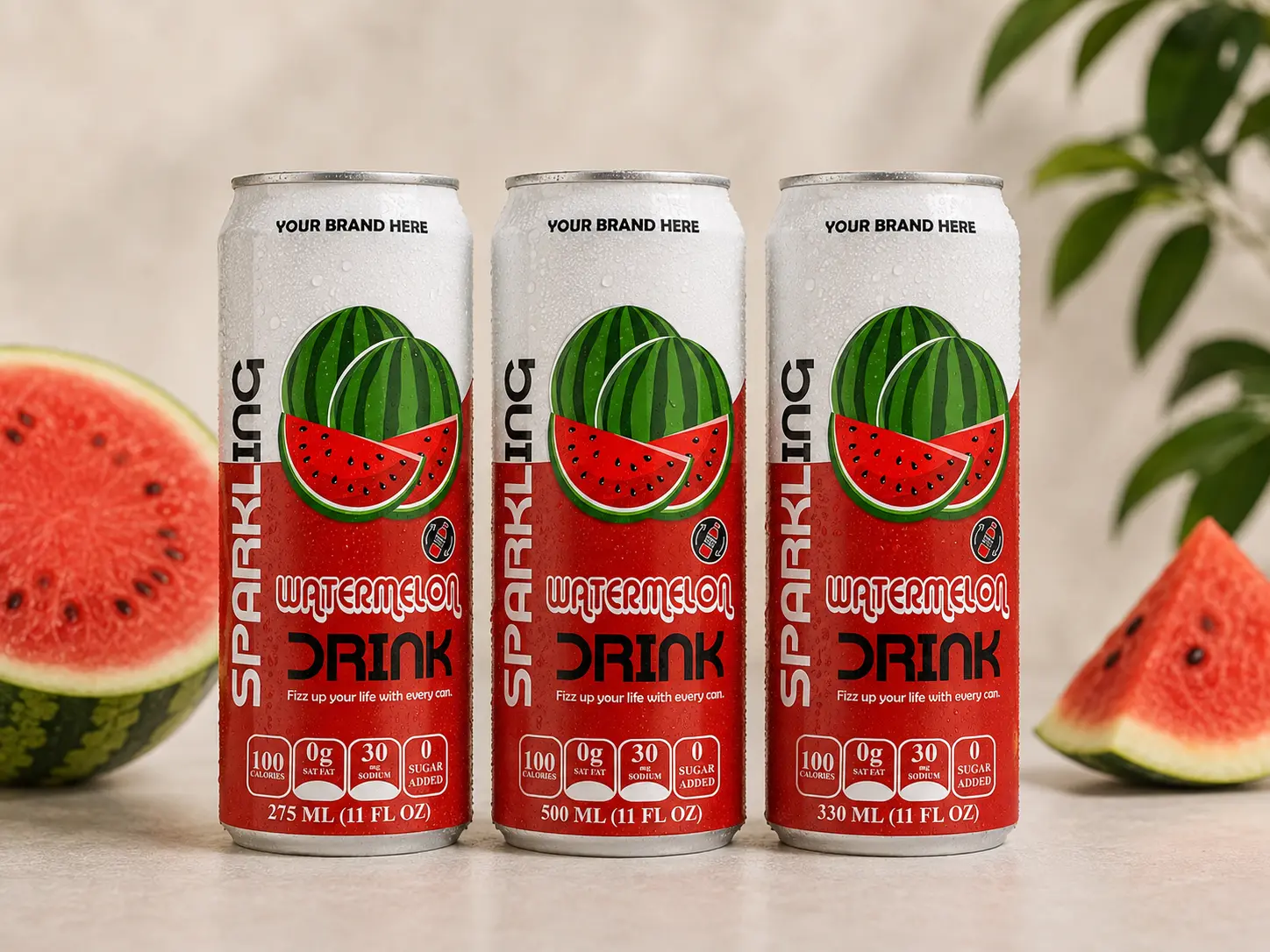SPARKLING DRINK Watermelon Flavored Drink in 275ml, 500ml, and 330ml cans.